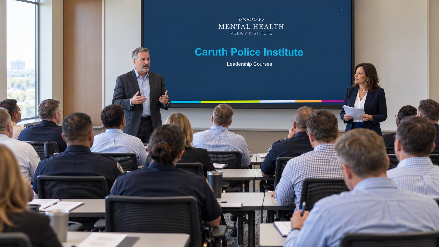 Caruth Police Institute leadership course: an instructor presents to officers and civilian leaders in a classroom
